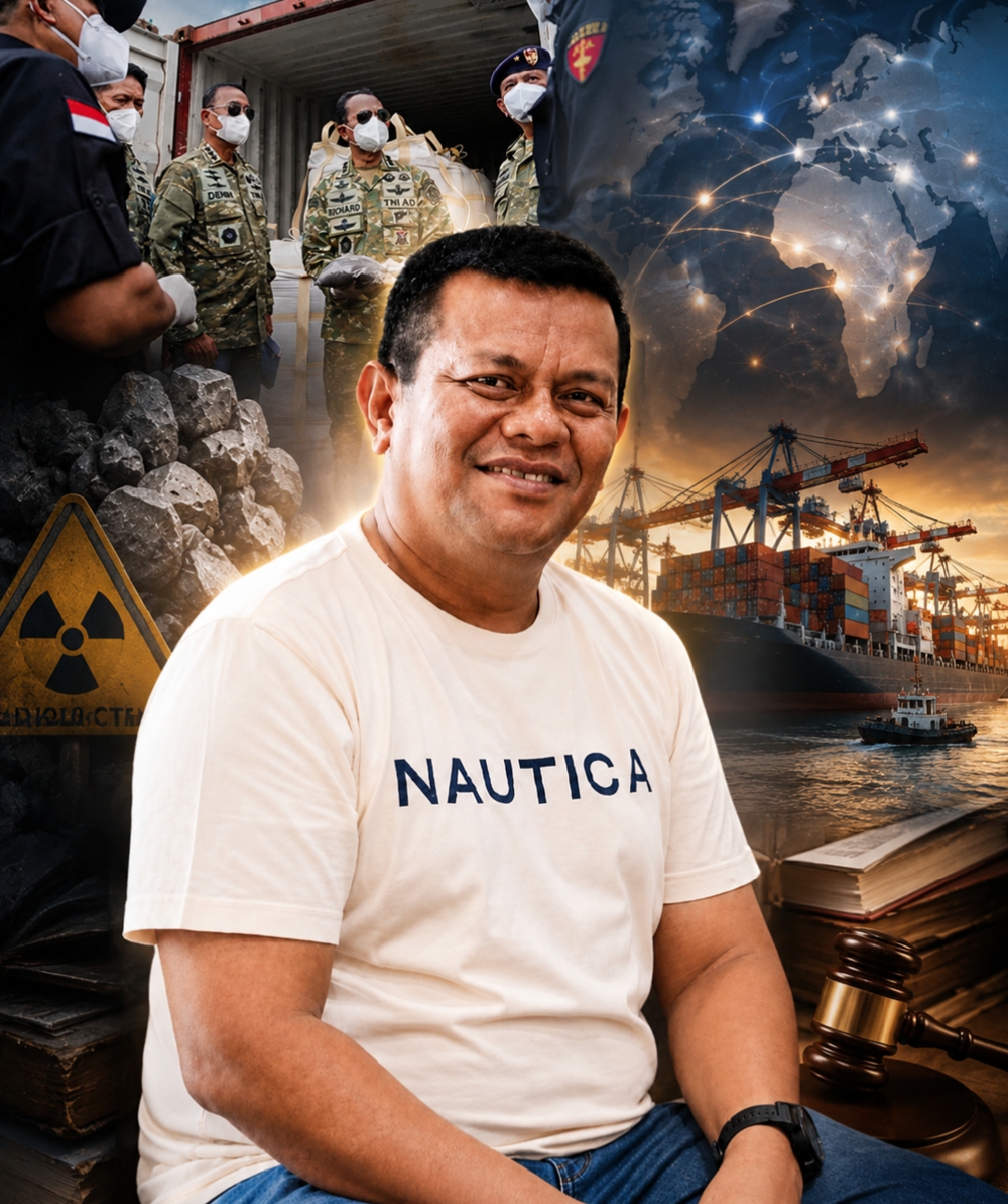 Direktur Eksekutif LSM Gadjah Puteh Darussalam, Said Zahirsyah Almahdaly, dengan latar ilustrasi pengawasan ekspor mineral strategis, aktivitas pemeriksaan kontainer, pelabuhan internasional, komoditas sumber daya alam, simbol radioaktif, serta representasi revisi UU Kepabeanan dan UU Cukai di tengah agenda hilirisasi nasional dan ekspor satu pintu.