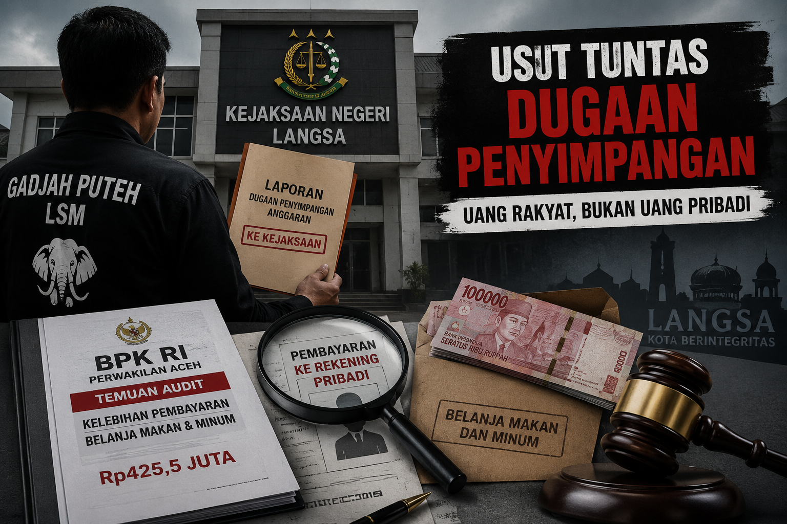 LSM Gadjah Puteh akan melaporkan dugaan penyimpangan anggaran belanja makan minum Sekretariat Daerah Kota Langsa ke Kejaksaan setelah temuan BPK RI terkait kelebihan pembayaran Rp425,5 juta.