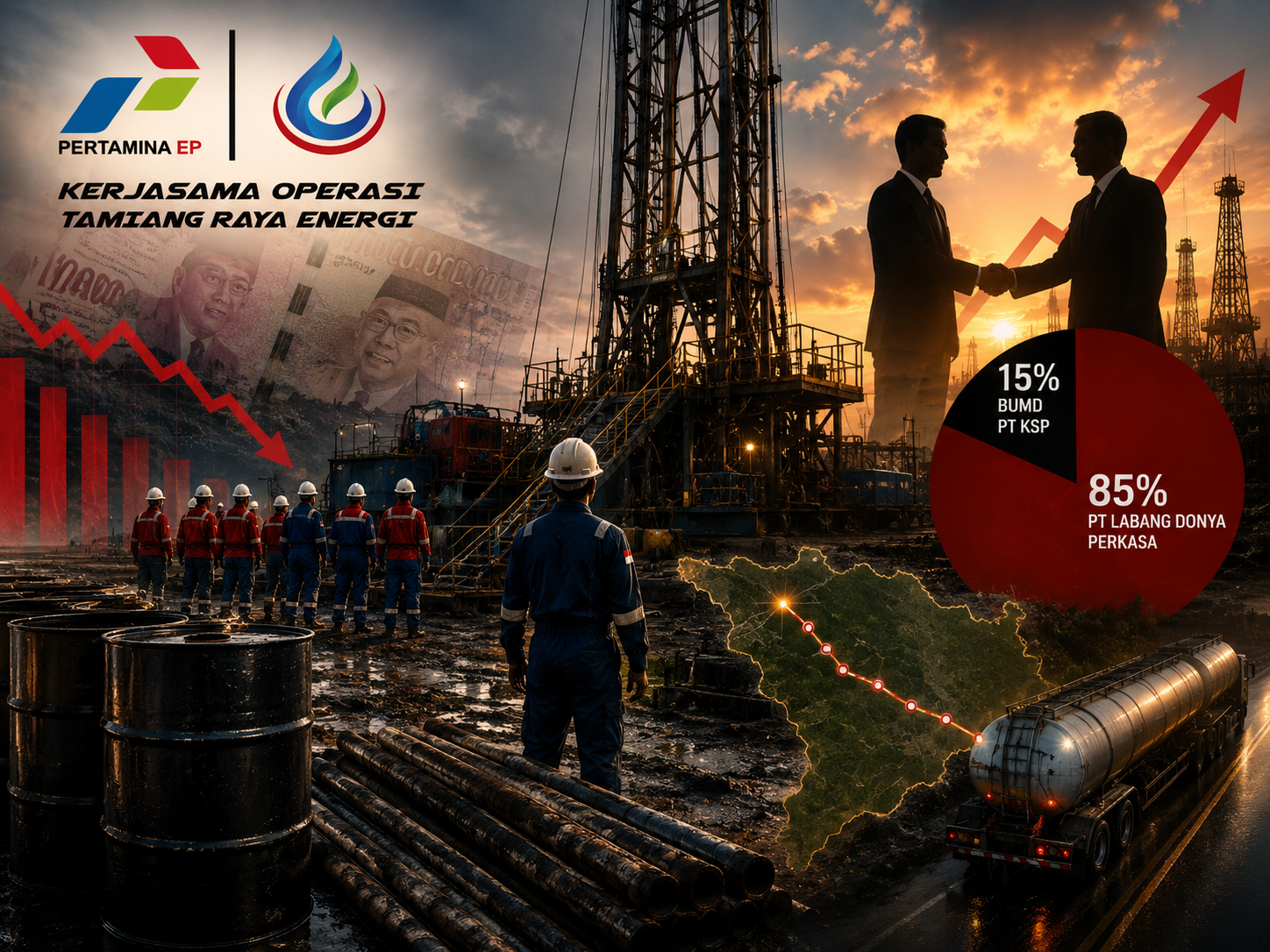 Ilustrasi investigatif pengelolaan sumur tua migas Aceh Tamiang yang menampilkan rig pengeboran, pekerja lapangan, grafik penurunan kinerja, utang crude oil PT Kwala Simpang Petroleum kepada Pertamina EP, serta dugaan perubahan komposisi kepemilikan PT Tamiang Raya Energi dari mayoritas BUMD menjadi dominasi pihak swasta.