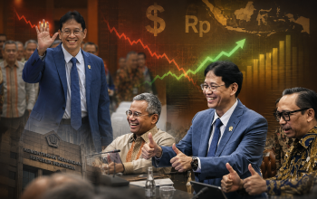Kolase Menteri Keuangan Purbaya Yudhi Sadewa dengan ilustrasi pergerakan dolar AS, rupiah, grafik ekonomi, dan gedung Kementerian Keuangan yang menggambarkan perdebatan mengenai penguatan dolar, pelemahan rupiah, reformasi Kemenkeu, serta munculnya isu pengunduran diri Menteri Keuangan di tengah gejolak ekonomi.
