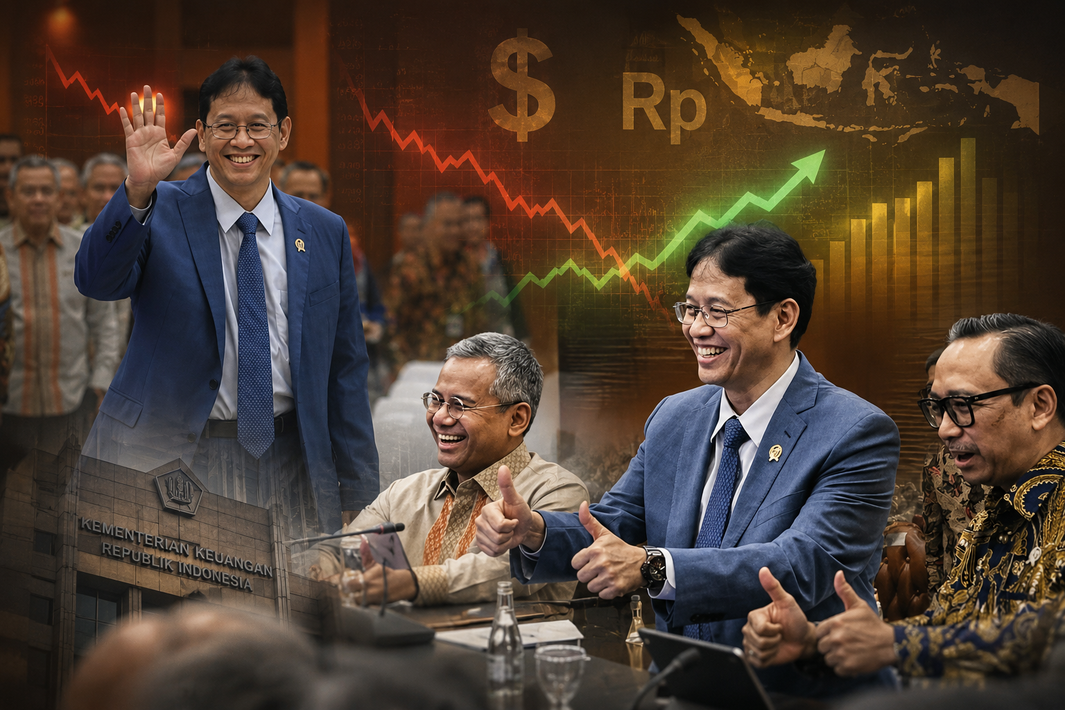 Kolase Menteri Keuangan Purbaya Yudhi Sadewa dengan ilustrasi pergerakan dolar AS, rupiah, grafik ekonomi, dan gedung Kementerian Keuangan yang menggambarkan perdebatan mengenai penguatan dolar, pelemahan rupiah, reformasi Kemenkeu, serta munculnya isu pengunduran diri Menteri Keuangan di tengah gejolak ekonomi.