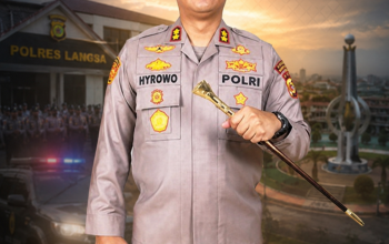 Potret AKBP Hyrowo, S.I.K. sebagai Kapolres Langsa yang baru dengan latar ilustrasi Polres Langsa. LSM Gadjah Puteh menyampaikan ucapan selamat datang dan berharap penegakan hukum di Kota Langsa semakin profesional, transparan, dan berkeadilan.