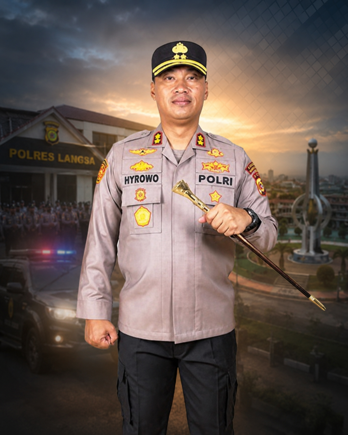 Potret AKBP Hyrowo, S.I.K. sebagai Kapolres Langsa yang baru dengan latar ilustrasi Polres Langsa. LSM Gadjah Puteh menyampaikan ucapan selamat datang dan berharap penegakan hukum di Kota Langsa semakin profesional, transparan, dan berkeadilan.