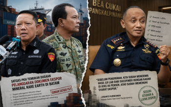 Ilustrasi perbandingan pandangan antara Satgas PKH, Kejaksaan Agung, dan TNI dengan Bea Cukai Pangkalpinang terkait dugaan pelanggaran ekspor mineral PT PMM, menampilkan isu customs fraud, dokumen ekspor, dan logam tanah jarang.