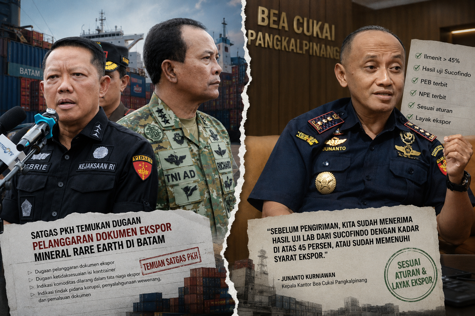 Ilustrasi perbandingan pandangan antara Satgas PKH, Kejaksaan Agung, dan TNI dengan Bea Cukai Pangkalpinang terkait dugaan pelanggaran ekspor mineral PT PMM, menampilkan isu customs fraud, dokumen ekspor, dan logam tanah jarang.