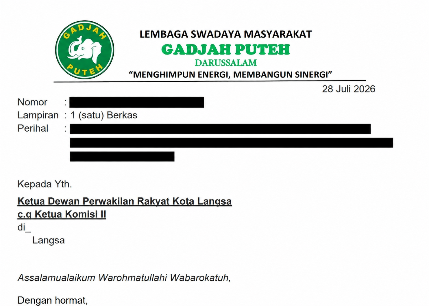 Gadjah Puteh menyerahkan surat kepada DPRK Langsa untuk meminta pembahasan mutasi ASN melalui Rapat Dengar Pendapat (RDP).