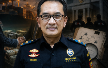 Ilustrasi Kepala Bea Cukai Kediri, Gatot Heroe Hernanda, sebagai fokus utama dengan latar pelabuhan peti kemas, penyelidikan KPK, dan simbol pengembangan kasus Blueray Cargo yang menggambarkan babak baru penyidikan dugaan suap di lingkungan Direktorat Jenderal Bea dan Cukai.