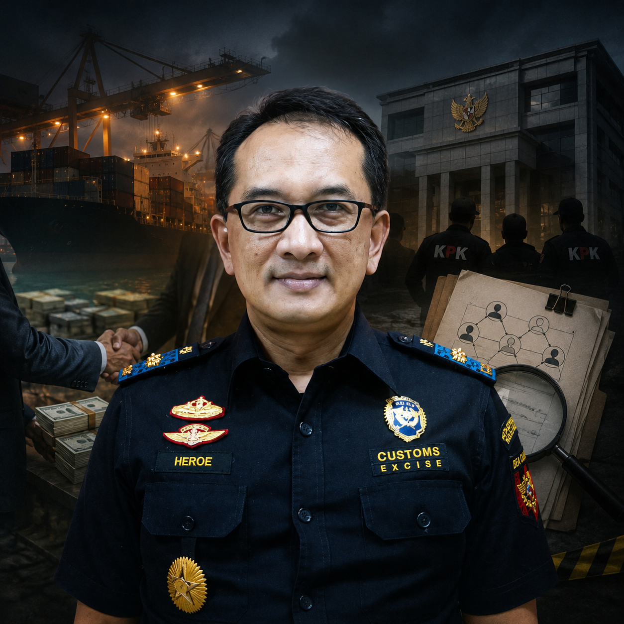 Ilustrasi Kepala Bea Cukai Kediri, Gatot Heroe Hernanda, sebagai fokus utama dengan latar pelabuhan peti kemas, penyelidikan KPK, dan simbol pengembangan kasus Blueray Cargo yang menggambarkan babak baru penyidikan dugaan suap di lingkungan Direktorat Jenderal Bea dan Cukai.