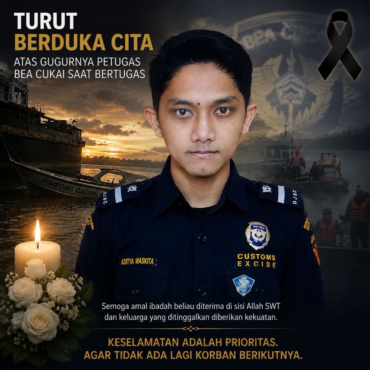 Potret petugas Bea Cukai Aditya Waskita yang gugur saat menjalankan tugas pengawasan ekspor, dengan ilustrasi suasana pelabuhan sebagai simbol duka dan pentingnya evaluasi standar keselamatan kerja.