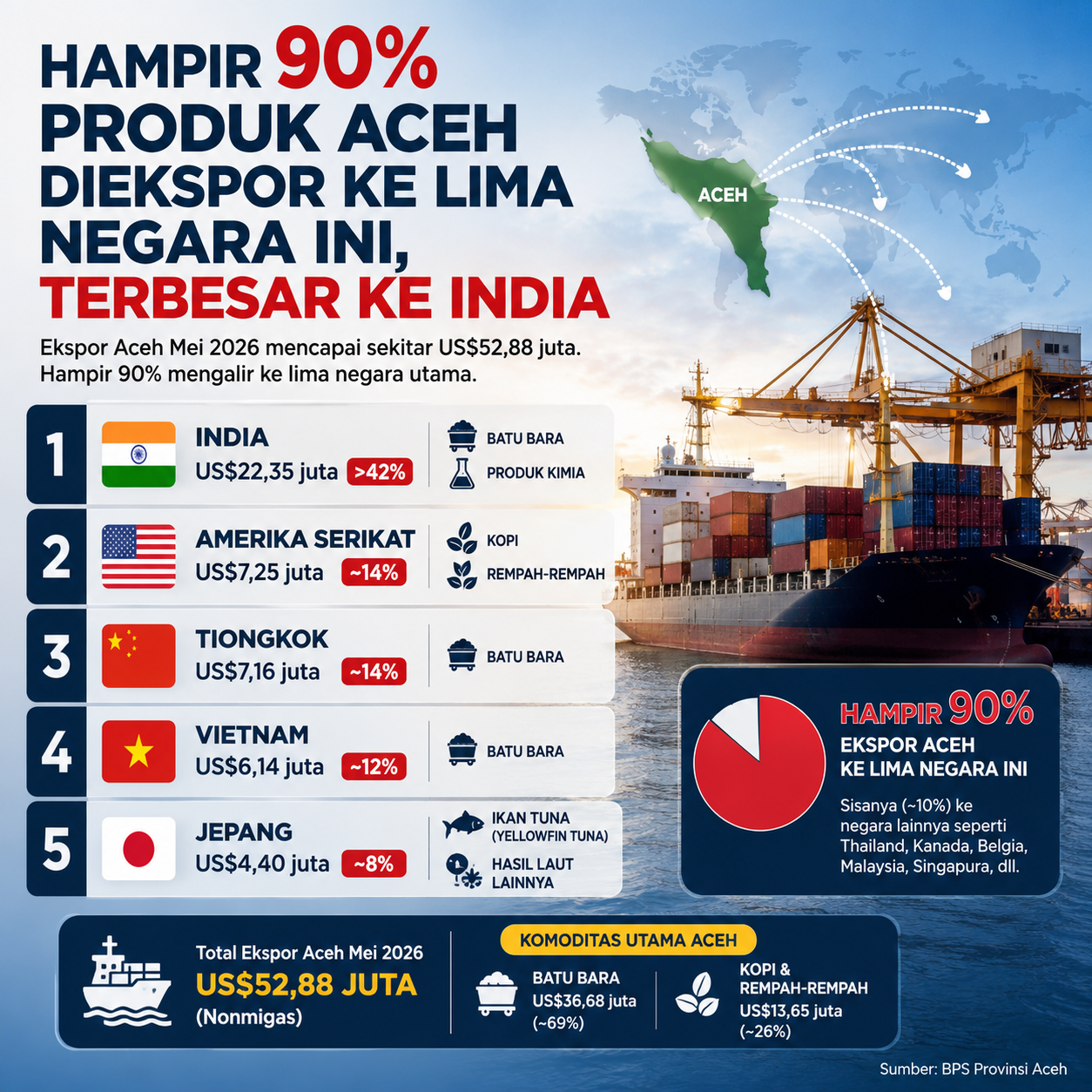 Infografis ekspor Aceh Mei 2026 menampilkan hampir 90 persen produk Aceh diekspor ke lima negara tujuan utama, dengan India sebagai pasar terbesar, disusul Amerika Serikat, Tiongkok, Vietnam, dan Jepang. Komoditas utama yang ditampilkan meliputi batu bara, kopi, rempah-rempah, serta produk perikanan.
