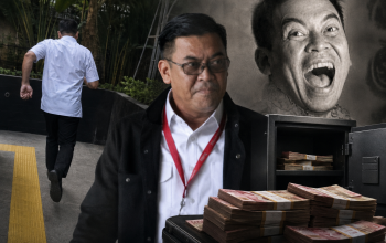 Ilustrasi kolase Ahmad Dedi alias Dedi Congor dalam pusaran kasus dugaan suap Blueray Cargo, menampilkan visual pelarian usai pemeriksaan KPK, potret Ahmad Dedi, serta ilustrasi uang tunai yang menggambarkan dugaan aliran dana Rp30 miliar berdasarkan pertimbangan putusan majelis hakim.
