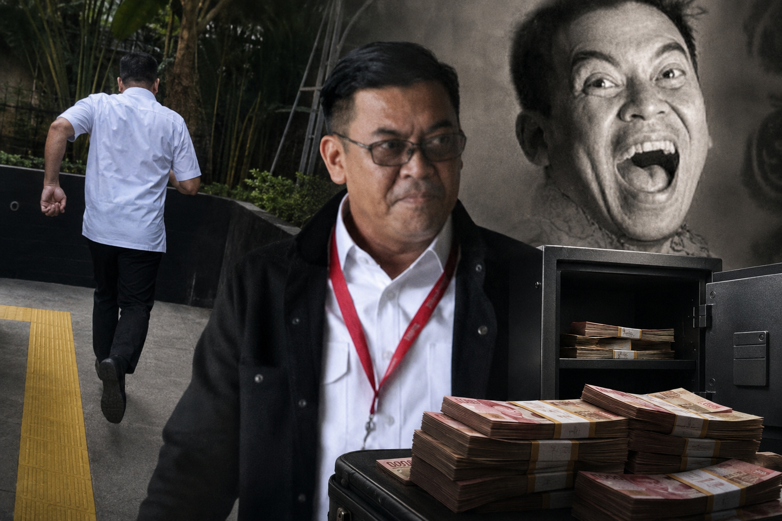 Ilustrasi kolase Ahmad Dedi alias Dedi Congor dalam pusaran kasus dugaan suap Blueray Cargo, menampilkan visual pelarian usai pemeriksaan KPK, potret Ahmad Dedi, serta ilustrasi uang tunai yang menggambarkan dugaan aliran dana Rp30 miliar berdasarkan pertimbangan putusan majelis hakim.