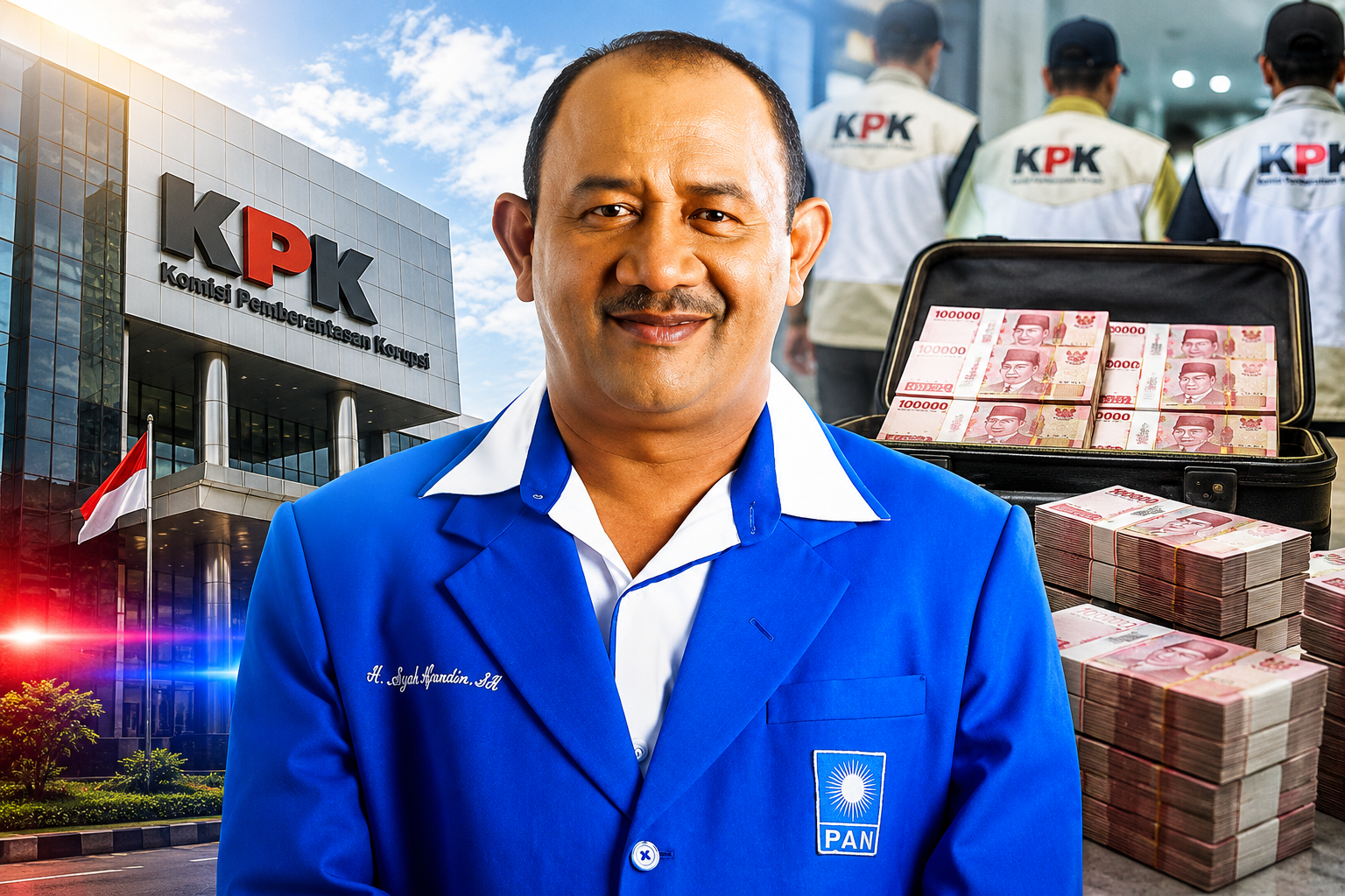 Ilustrasi Ketua DPW PAN Sumatera Utara Syah Afandin dengan latar Gedung KPK dan barang bukti uang sitaan, menggambarkan pemberitaan OTT KPK serta pentingnya transparansi pengelolaan anggaran publik.