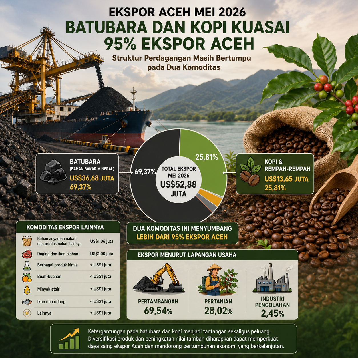 Ilustrasi ekspor Aceh Mei 2026 yang menampilkan aktivitas pemuatan batubara di pelabuhan dan komoditas kopi sebagai dua penyumbang terbesar ekspor Aceh berdasarkan data Badan Pusat Statistik (BPS), dengan dominasi lebih dari 95 persen terhadap total nilai ekspor daerah.