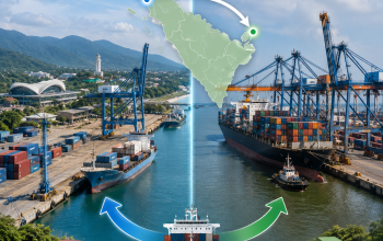 Ilustrasi perbandingan Pelabuhan Aceh dan Pelabuhan Belawan yang menggambarkan arus ekspor barang asal Aceh, dengan visual kapal peti kemas, crane pelabuhan, dan peta Pulau Sumatera, sebagai representasi hampir 30 persen produk Aceh yang diekspor melalui Sumatera Utara berdasarkan data BPS Aceh.