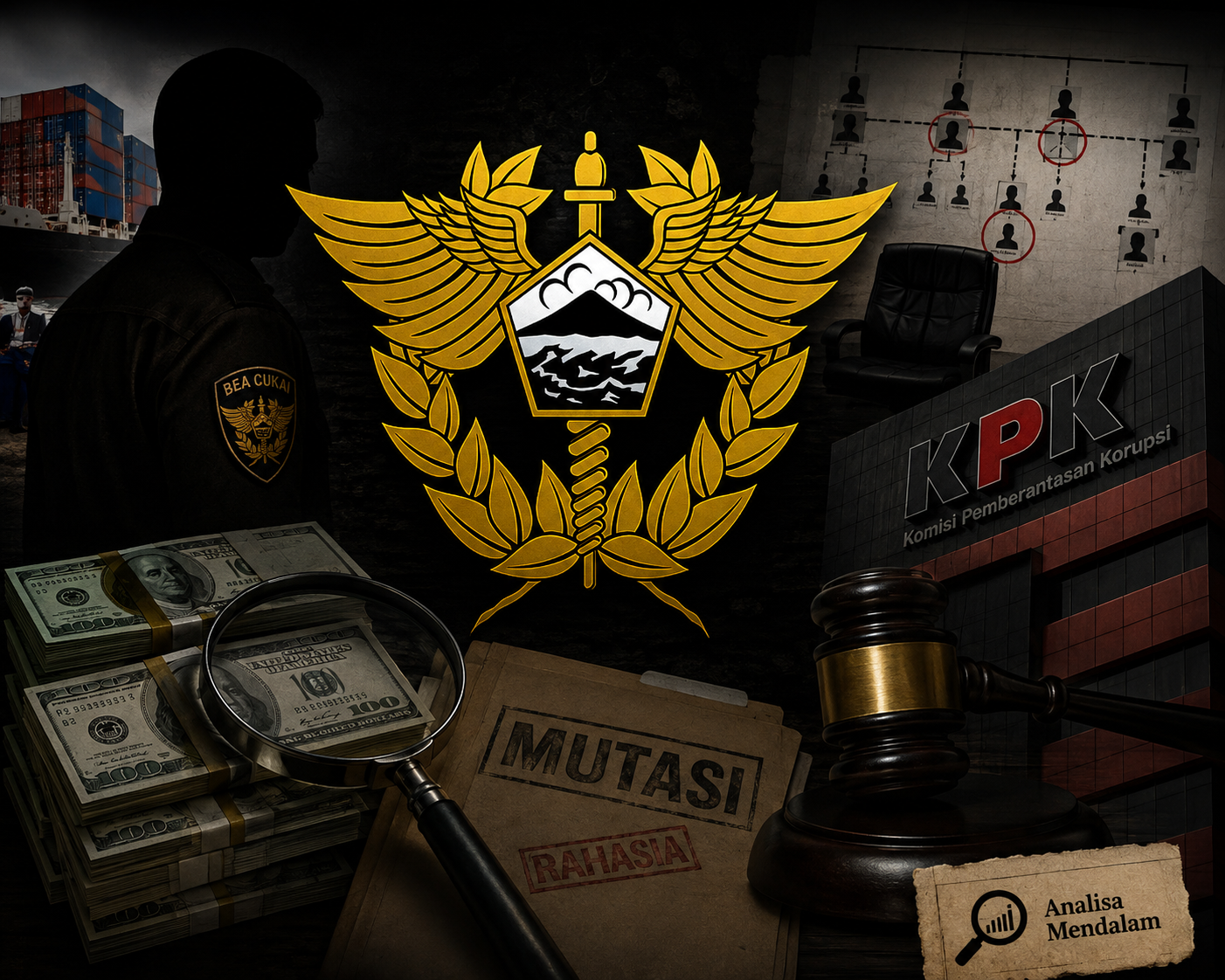 Ilustrasi pengembangan kasus Blueray Cargo yang menyoroti isu mutasi dan tata kelola jabatan di Bea Cukai setelah sejumlah pejabat dan unsur SDM diperiksa KPK.