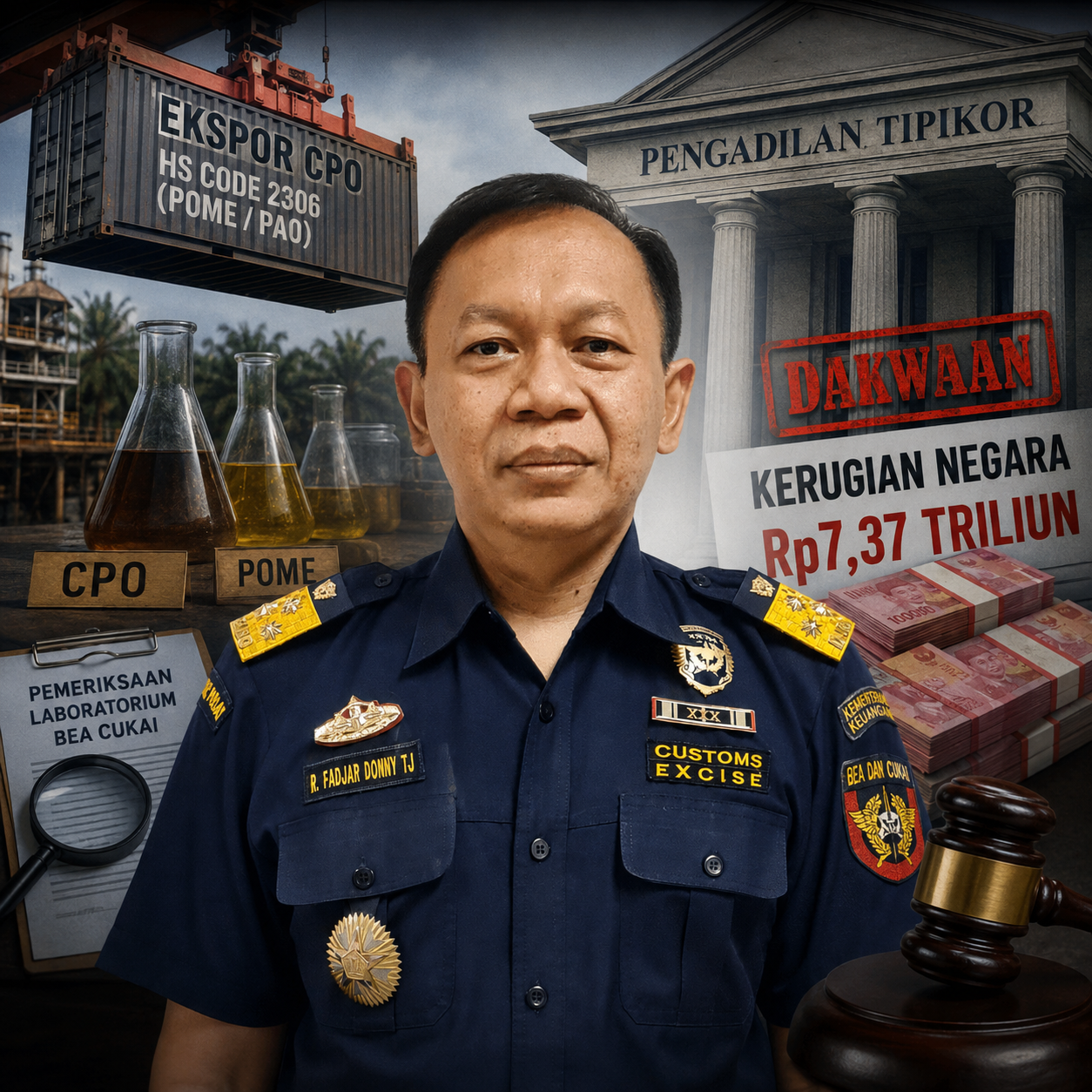 Mantan Direktur Teknis Kepabeanan Bea Cukai R. Fadjar Donny Tjahjadi dalam ilustrasi kasus dugaan korupsi ekspor CPO yang disamarkan sebagai POME atau PAO dengan kerugian negara Rp7,37 triliun.