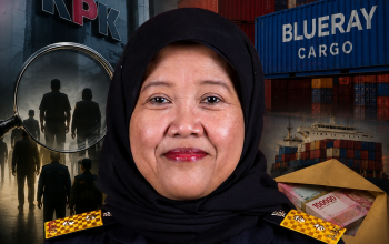 Pejabat Bea Cukai menjadi ilustrasi utama pengembangan kasus Blueray Cargo, dengan latar KPK, aktivitas importasi, dan ilustrasi penelusuran jaringan pegawai serta pejabat.