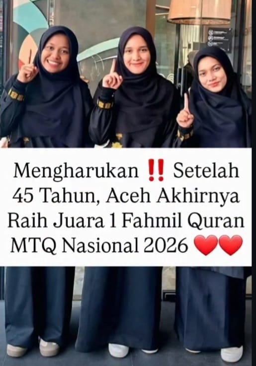 Tiga santriwati Dayah Insan Qurani Aceh Besar meraih Juara 1 Fahmil Quran Putri pada MTQ Nasional XXXI 2026 di Semarang, Title: Gadjah Puteh Minta Pemprov Aceh Beri Reward untuk Juara Fahmil Quran MTQ Nasional 2026