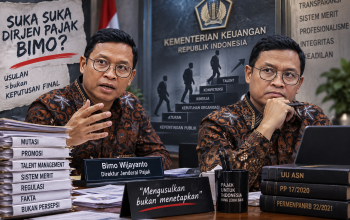 Bimo Wijayanto dalam ilustrasi opini mengenai polemik mutasi dan promosi pejabat Kementerian Keuangan, talent management, Sistem Merit, serta kewenangan penetapan jabatan.