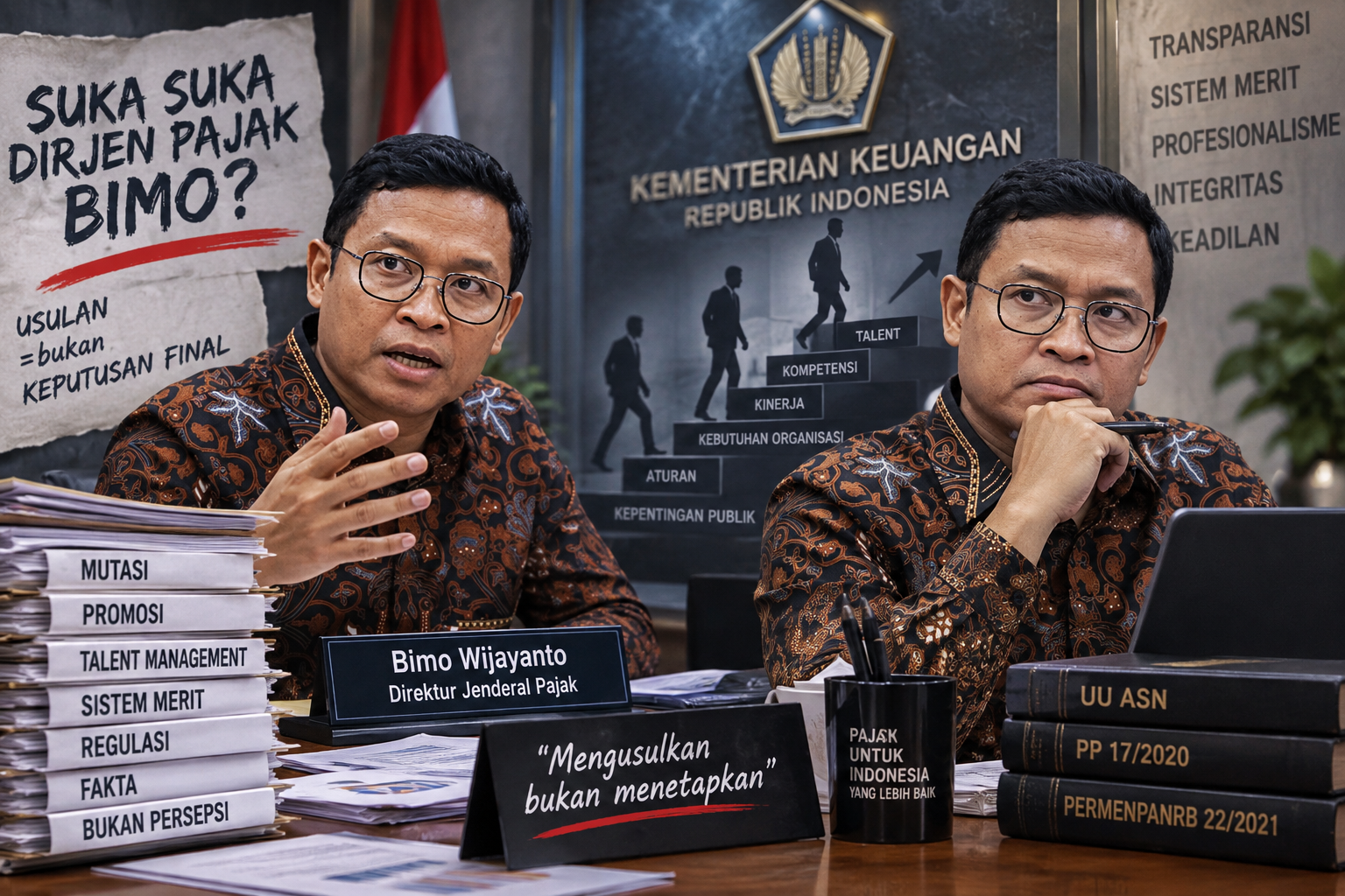 Bimo Wijayanto dalam ilustrasi opini mengenai polemik mutasi dan promosi pejabat Kementerian Keuangan, talent management, Sistem Merit, serta kewenangan penetapan jabatan.
