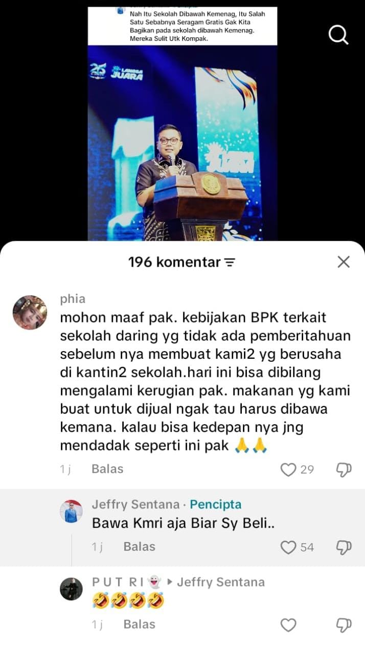 Pedagang kantin sekolah di Kota Langsa mengeluhkan kerugian akibat kebijakan pembelajaran daring mendadak, sementara respons akun TikTok Wali Kota Jeffry Sentana menjadi sorotan publik.