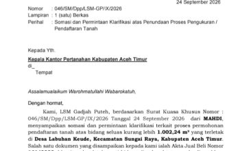 LSM Gadjah Puteh somasi BPN Aceh Timur terkait penundaan pengukuran dan pendaftaran tanah serta meminta evaluasi pelayanan pertanahan