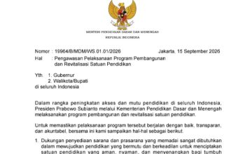 Surat Menteri Pendidikan Dasar dan Menengah tentang pengawasan pelaksanaan program pembangunan dan revitalisasi satuan pendidikan tahun 2026