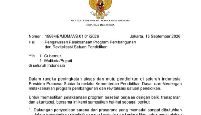 Mendikdasmen Keluarkan Surat Pengawasan Revitalisasi Sekolah, Tegaskan Swakelola Bersama Masyarakat: “Bukan Jatah Proyek”