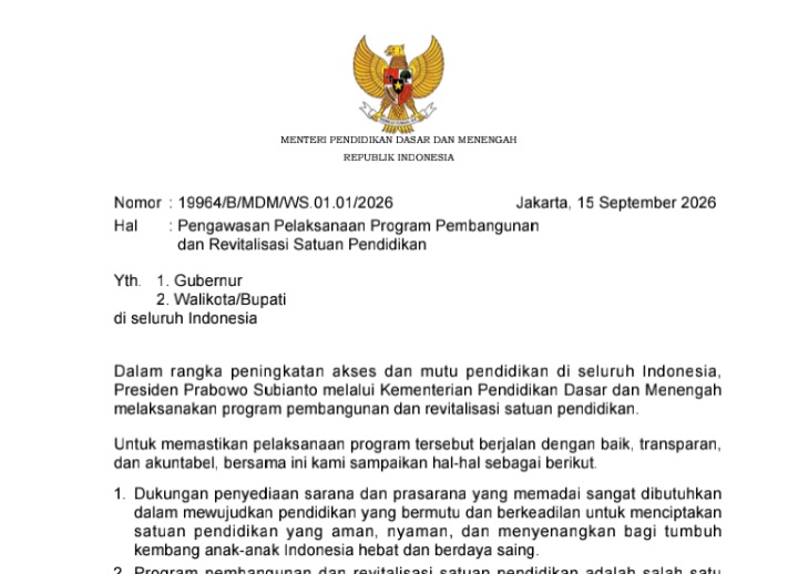 Surat Menteri Pendidikan Dasar dan Menengah tentang pengawasan pelaksanaan program pembangunan dan revitalisasi satuan pendidikan tahun 2026